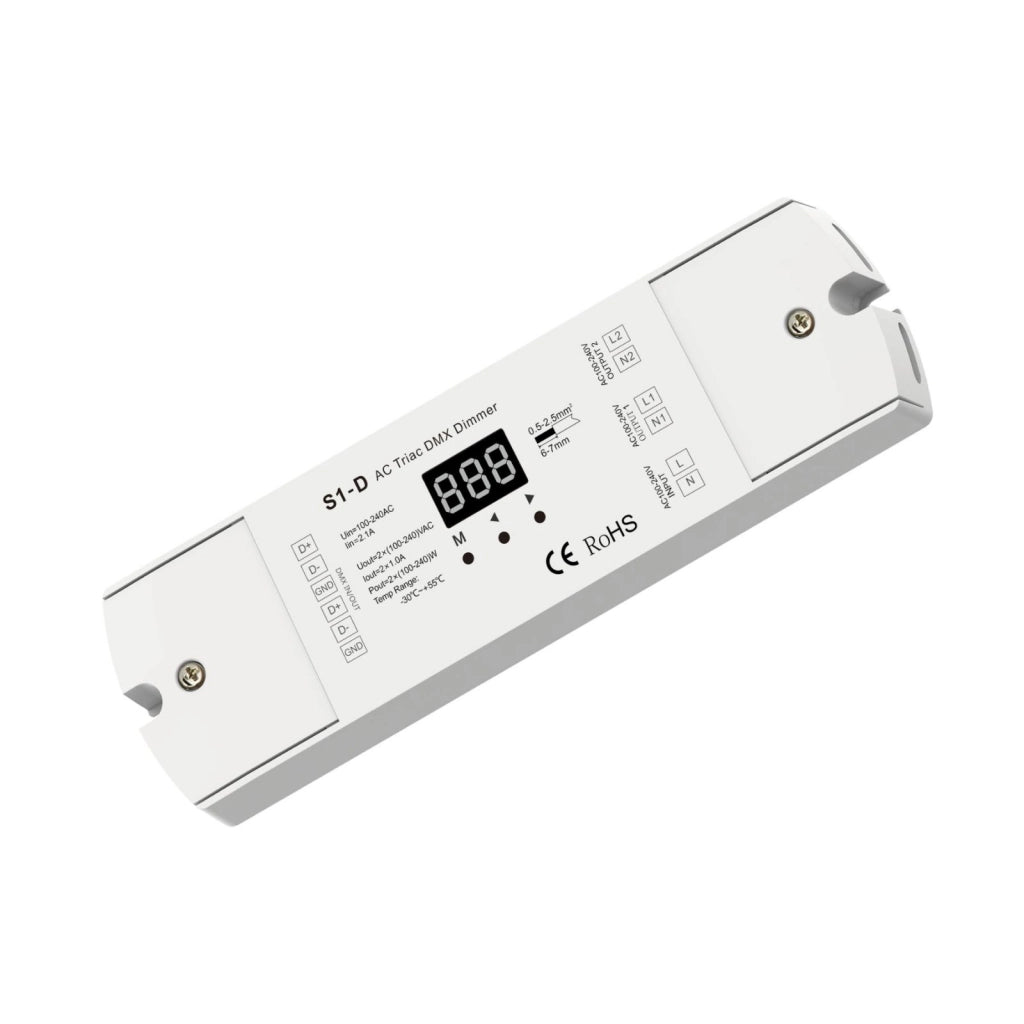 Dimmer DMX512 Triac 2 Canali per Lampade LED Dimmerabili 220V Taglio di Fase, Driver Triac, Alogene e Incandescenza, 1A/CH, RDM, S1-D