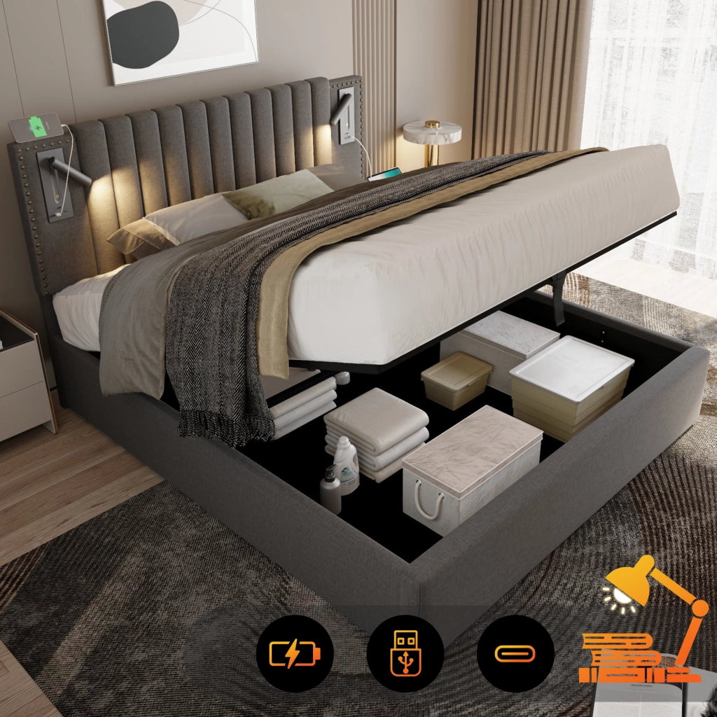 LETTO Contenitore 160x200 cm Grigio in cotone con testiera regolabile, luce e USB