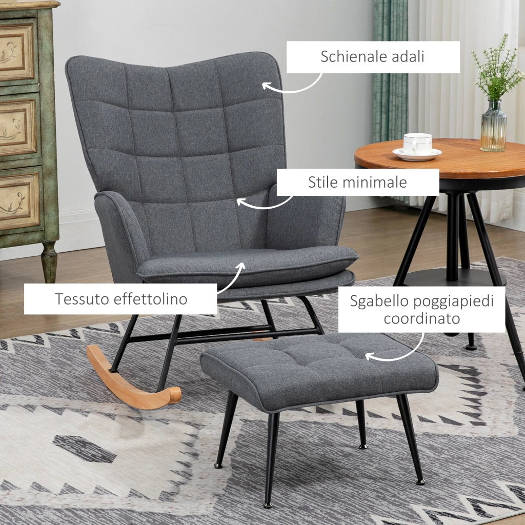 Sedia a Dondolo con Pouf con Cuscino e Braccioli in Tessuto Effetto Lino e Legno Grigio