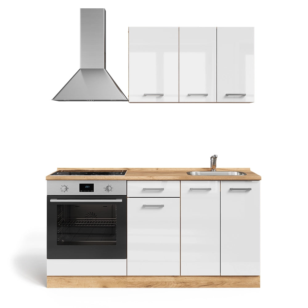 Vicco Cucina completa Bianco lucido/oro power oak 160 cm con colonna forno senza piano di lavoro