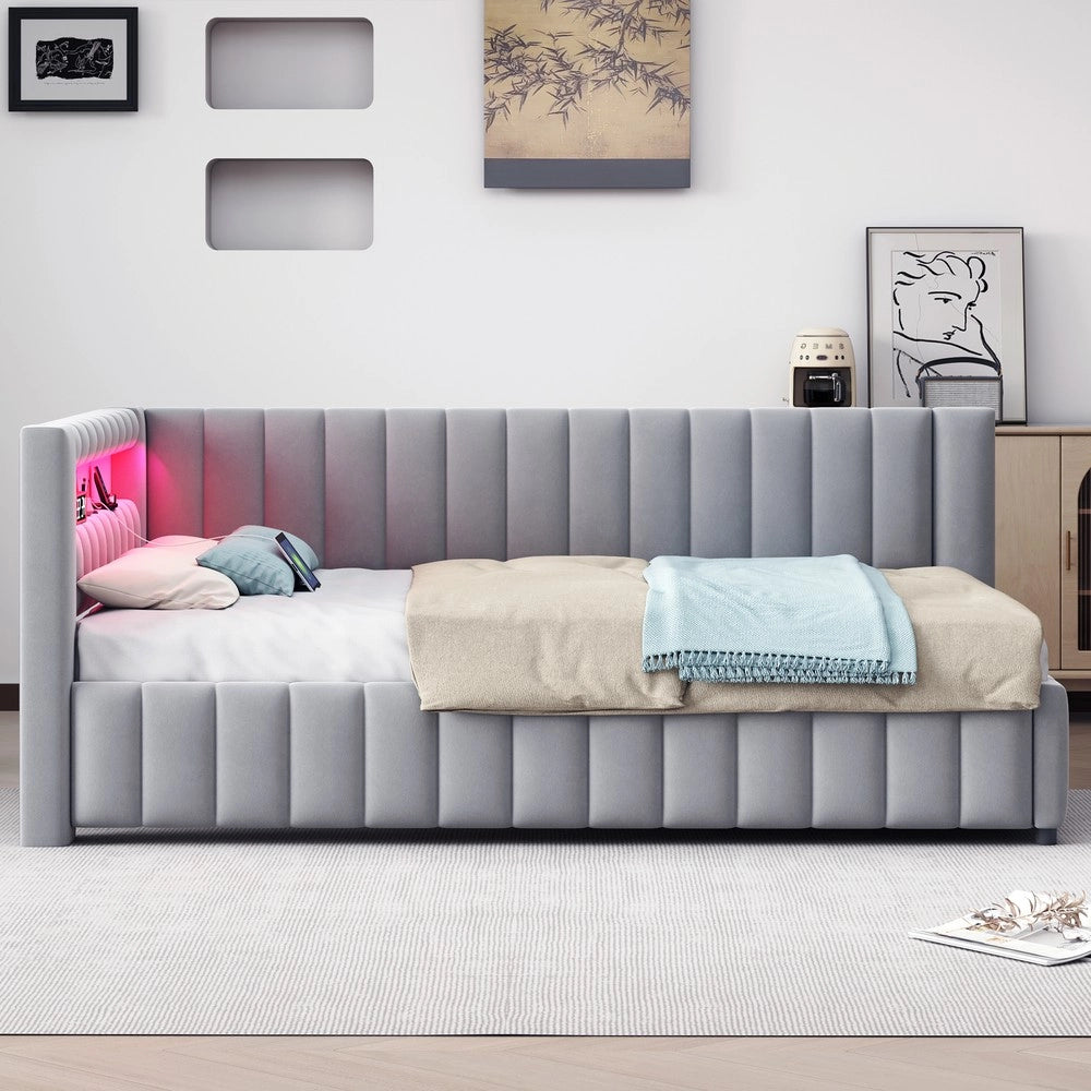 Letto Imbottito con LED e USB ¨C MINIMAL ¨C Velluto Grigio 140x200