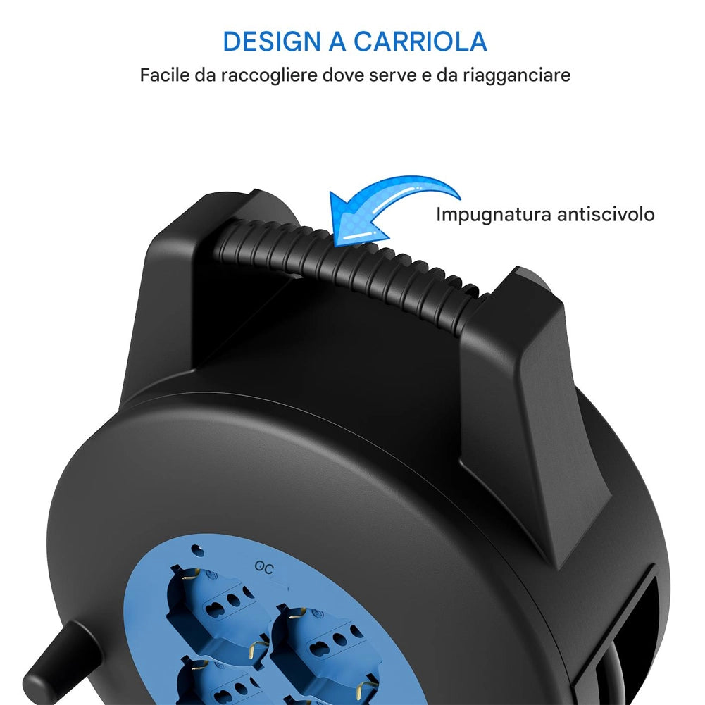 Avvolgicavo Multipresa 10 Metri con Interruttore di Protezione Prolunga e 4 Prese Nero e Blu