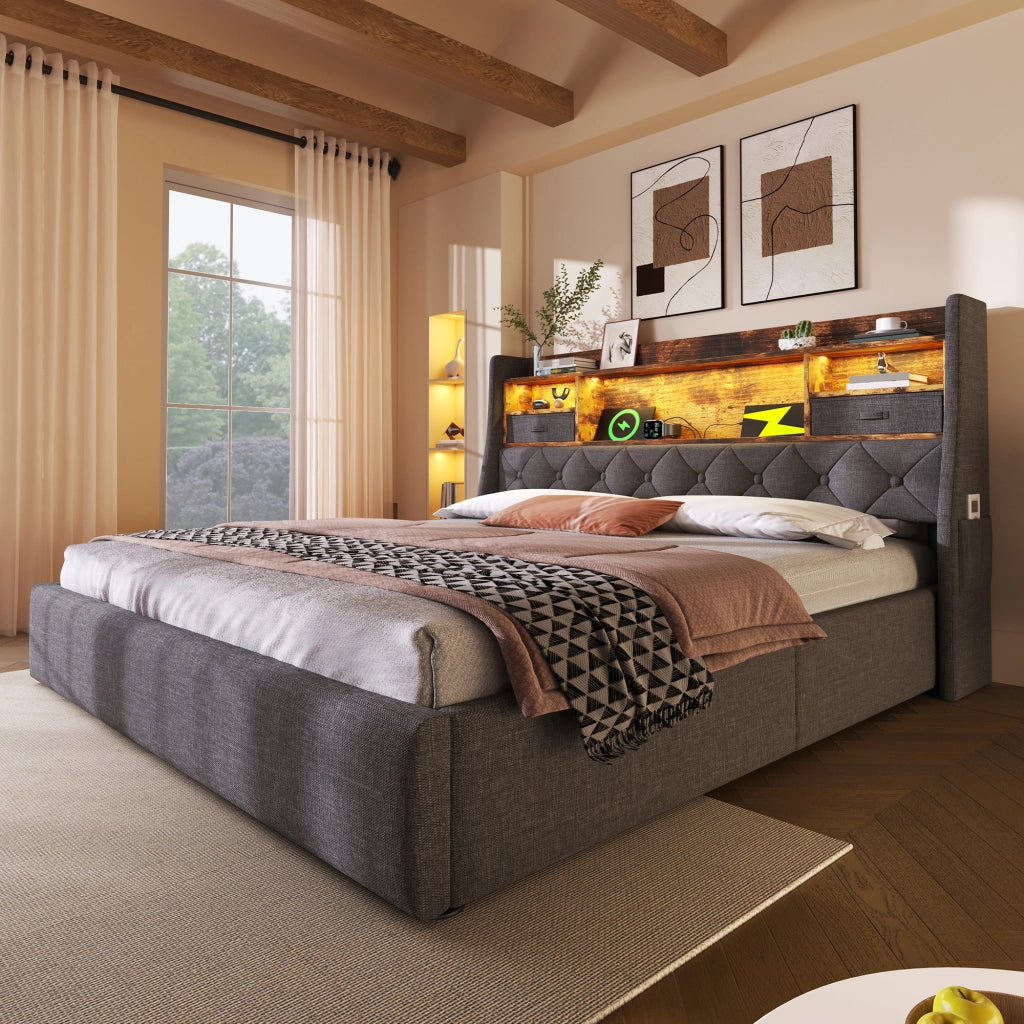 LETTO CONTENITORE 180x200 cm in lino grigio con LED e porte USB/Type-C