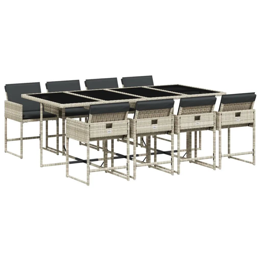 Set Pranzo da Giardino 9pz con Cuscini Grigio Chiaro Polyrattan