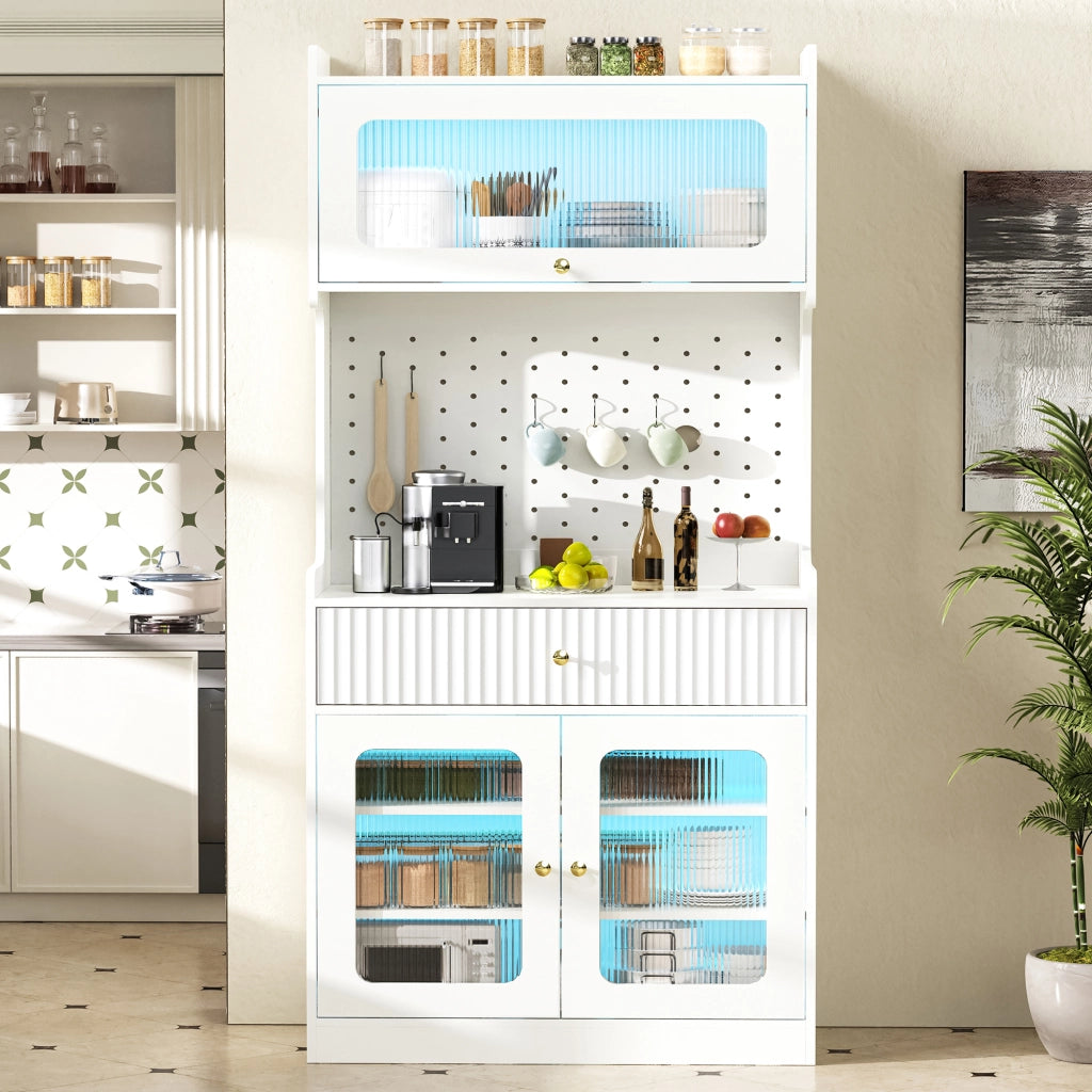 Credenza alta con 1 cassetto, ripiani regolabili, LED e vetrina per cucina, soggiorno e sala da pranzo 80 × 40 × 180 cm