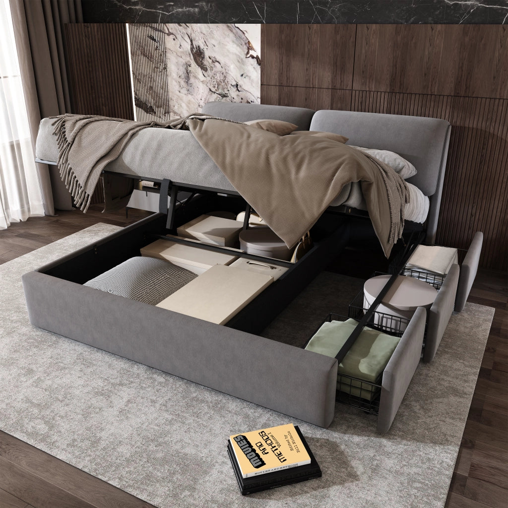 LETTO Contenitore idraulico 180x200 cm in velluto grigio con 3 cassetti