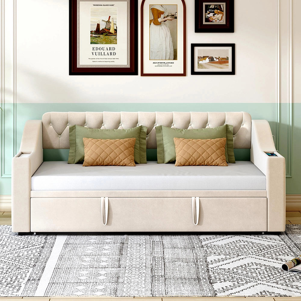 Divano letto - Xylo - 90/180x190 cm braccioli USB velluto beige
