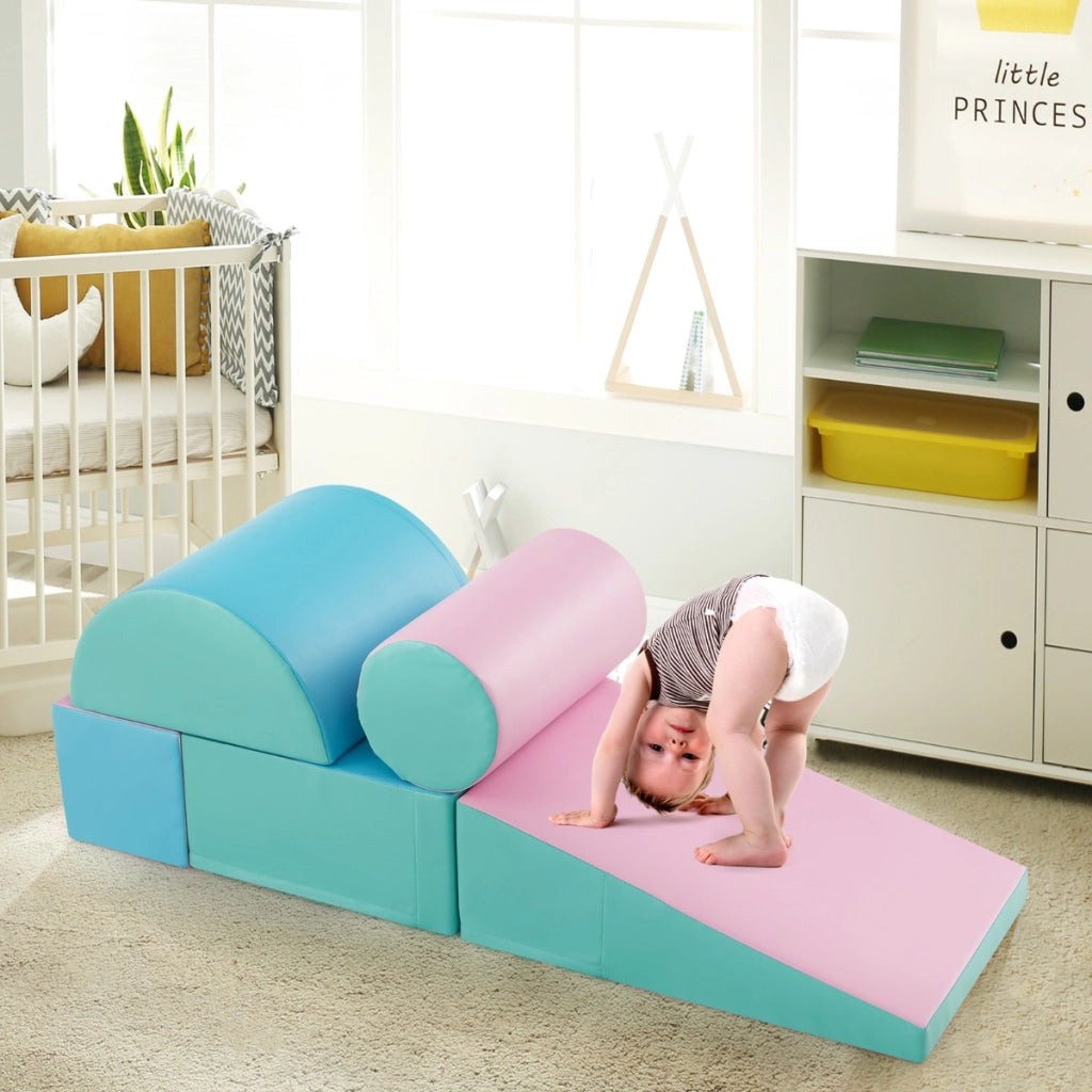 Set di gioco da arrampicata per bambini da 5 pezzi, Strutture di gioco in schiuma impermeabili Verde e rosa