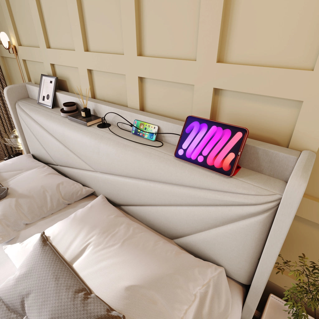 LETTO Contenitore 160x200 cm con USB e USB-C Beige in cotone e lino
