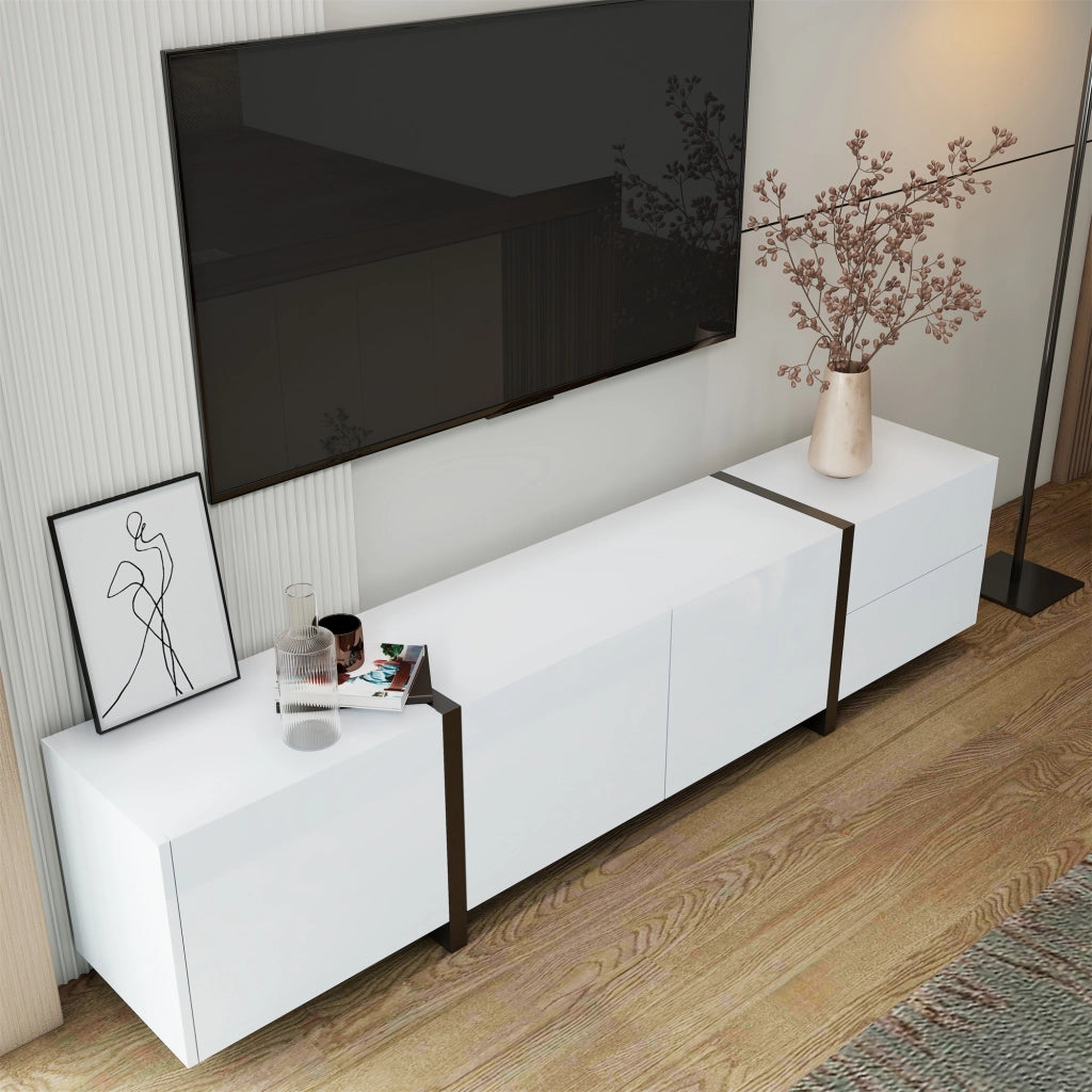 Mobile TV Lowboard ¨C MINIMAL ¨C Bianco Lucido, Nero, con Ante e Cassetti