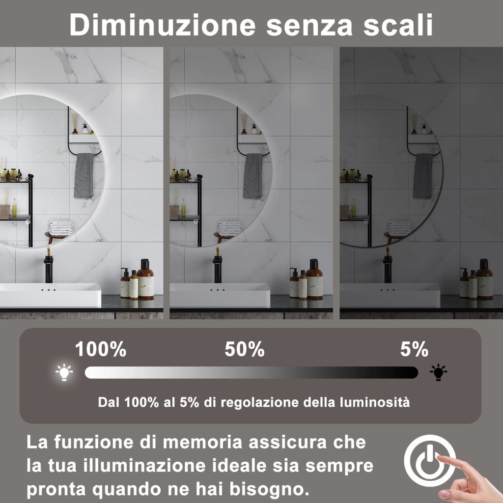 AICA Specchio da bagno 90 x 90 cm, antiappannamento, dimmerabile, interruttore touch, Funzione Memoria