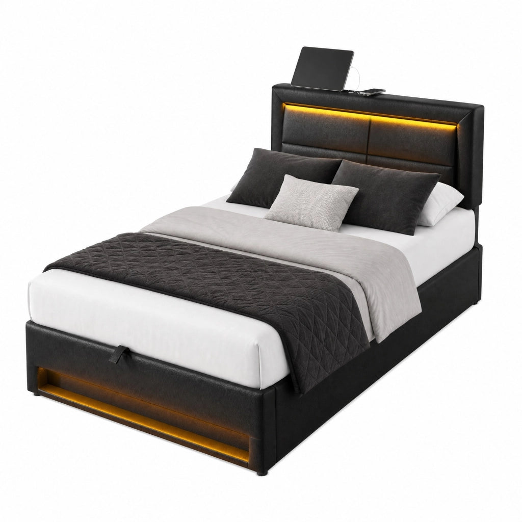 Letto imbottito 90x200 cm con USB, LED e contenitore, senza materasso, nero