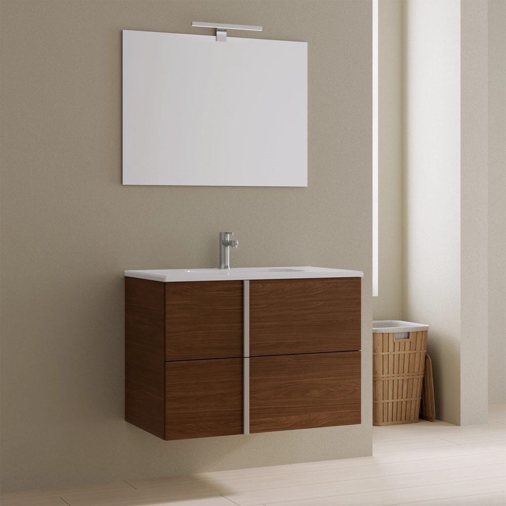 Mobile da bagno sospeso 80cm noce scuro con lavabo e specchio | Hoia
