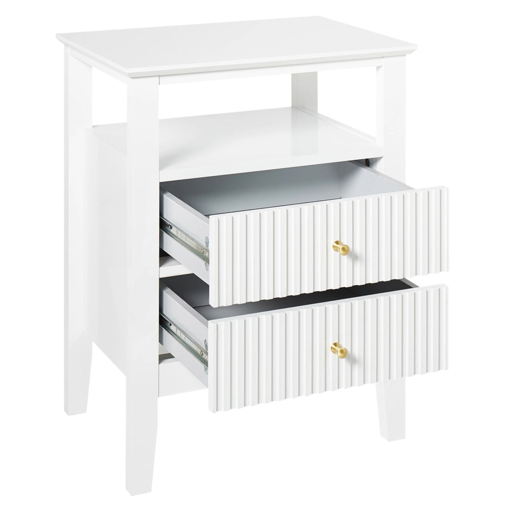 Comodino a 2 cassetti MDF bianco 1 ripiano Maniglia oro Camera da letto Elegante