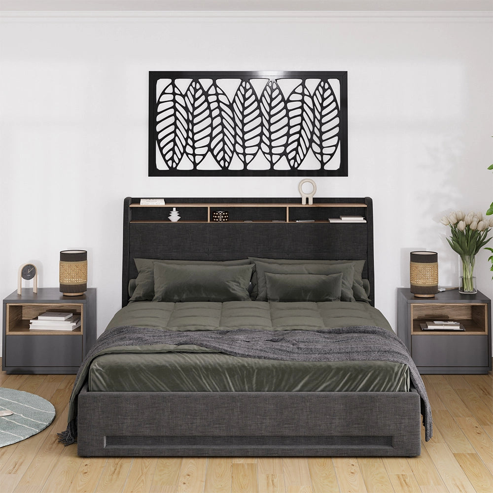 Vitalispa Letto imbottito Antracite/quercia 160x200 con LED e porta USB