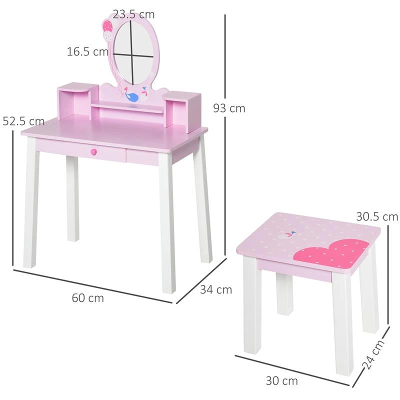 SET TAVOLO SPECCHIO E SGABELLO IN LEGNO PER BAMBINI ROSA