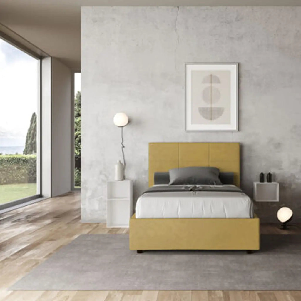 Letto una piazza e mezza con rete imbottito 120x190 microfibra ocra Mika