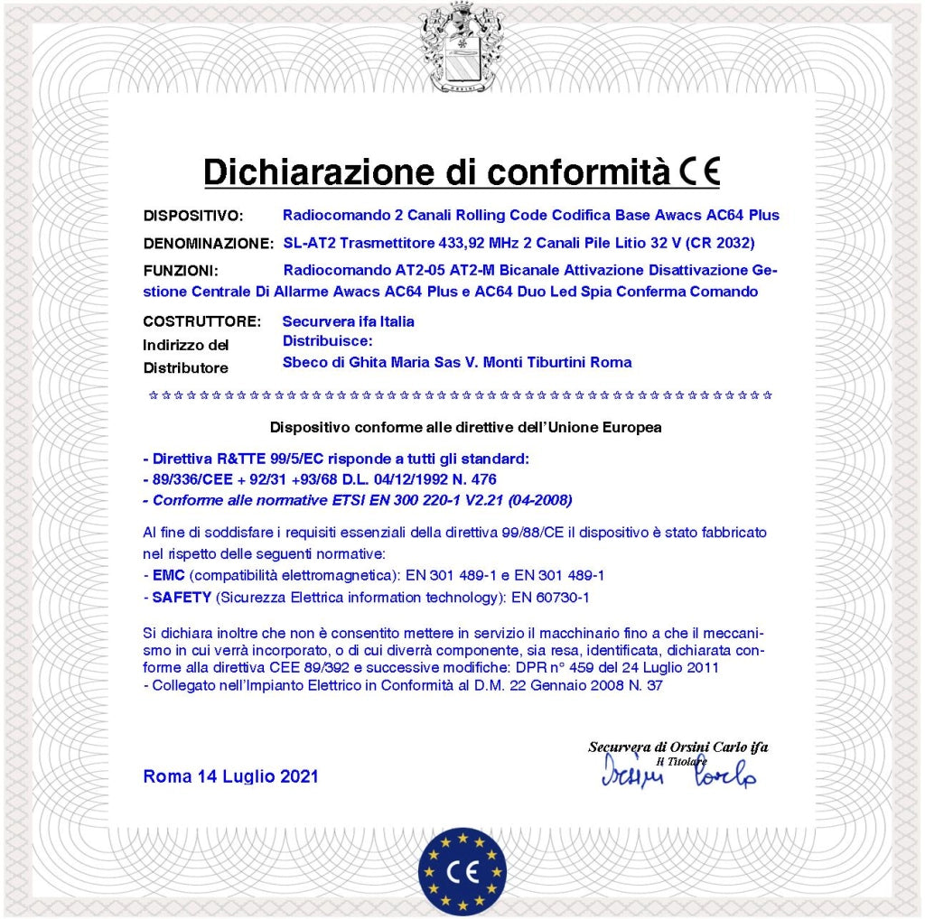 Telecomando AT2 duo 2 Pezzi Radiofrequenza 433,92 MHz 2 Pulsanti Nero e Rosso Codici Univoci Comando e Gestione Centrale Allarme Awacs AC64 duo e AC64 plus