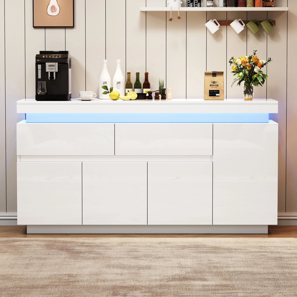 Credenza soggiorno 140 x 35 x 72,5 cm con 2 cassetti, 4 ante e illuminazione LED, bianco lucido