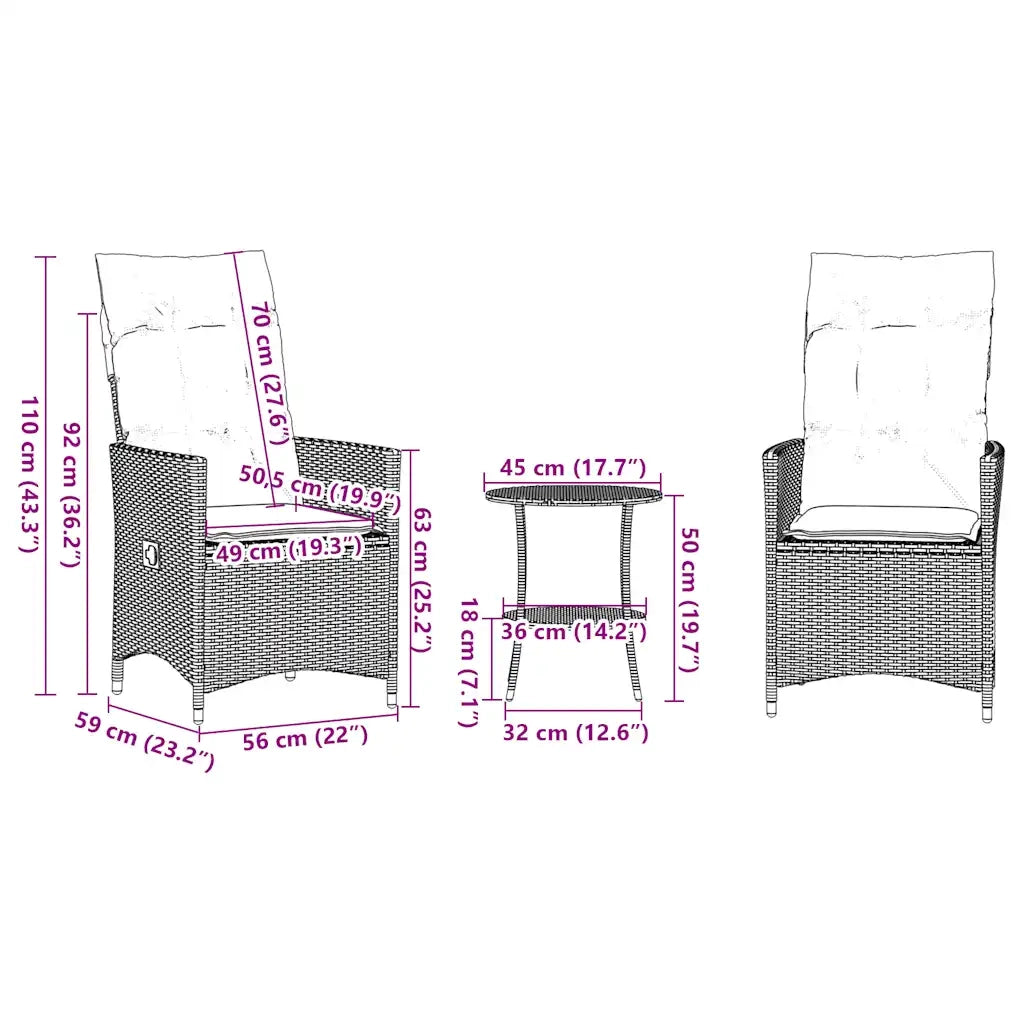 Set da Bistrot 3 pz con Cuscini Grigio in Polyrattan 365656