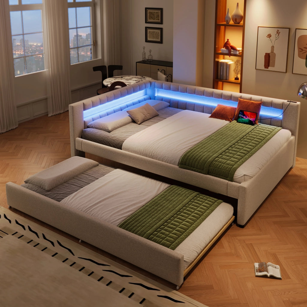 Letto a scomparsa con LED - Zephmum - 140x200cm - Beige - Luci integrate, USB, Type-C