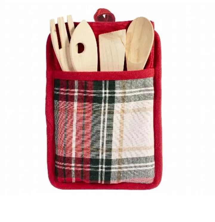 Porta mestoli in cot/pol.  Kilt +4 utensili + strof.