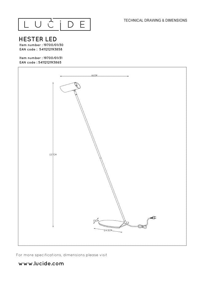 Lampada da terra Lucide Hester bianca GU10 7W 137cm