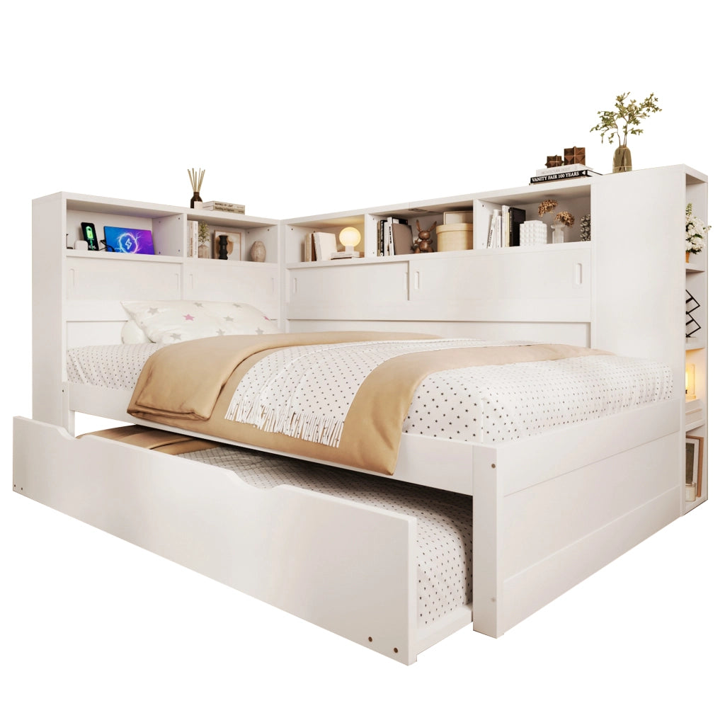 Letto per bambini 90x200 cm con letto estraibile, vani contenitore e USB, bianco