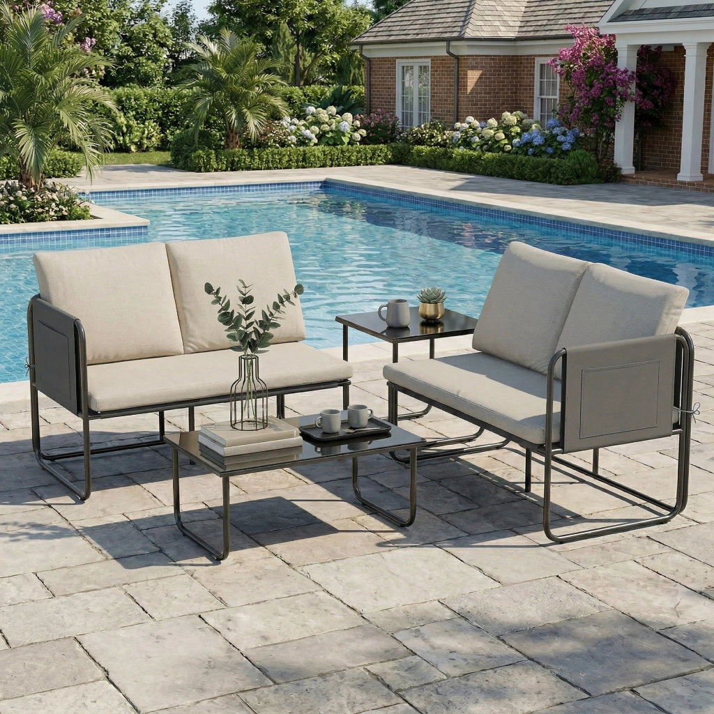 Set Giardino 4 Pezzi con 2 Divani 2 Posti e 2 Tavolini ¨C Minimal ¨C Tessuto Caqui