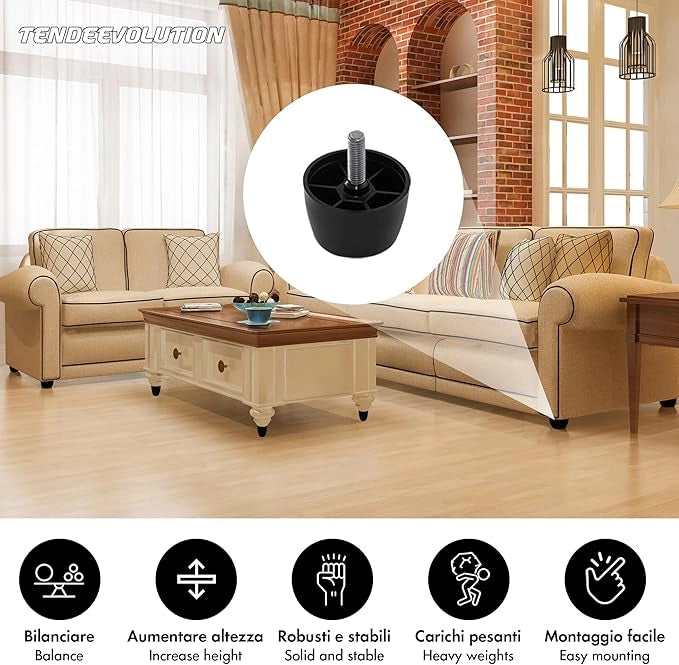 Piedini in Plastica PVC per Mobili | Altezza 8cm | Vite M10 | Design Minimal ed Elegante