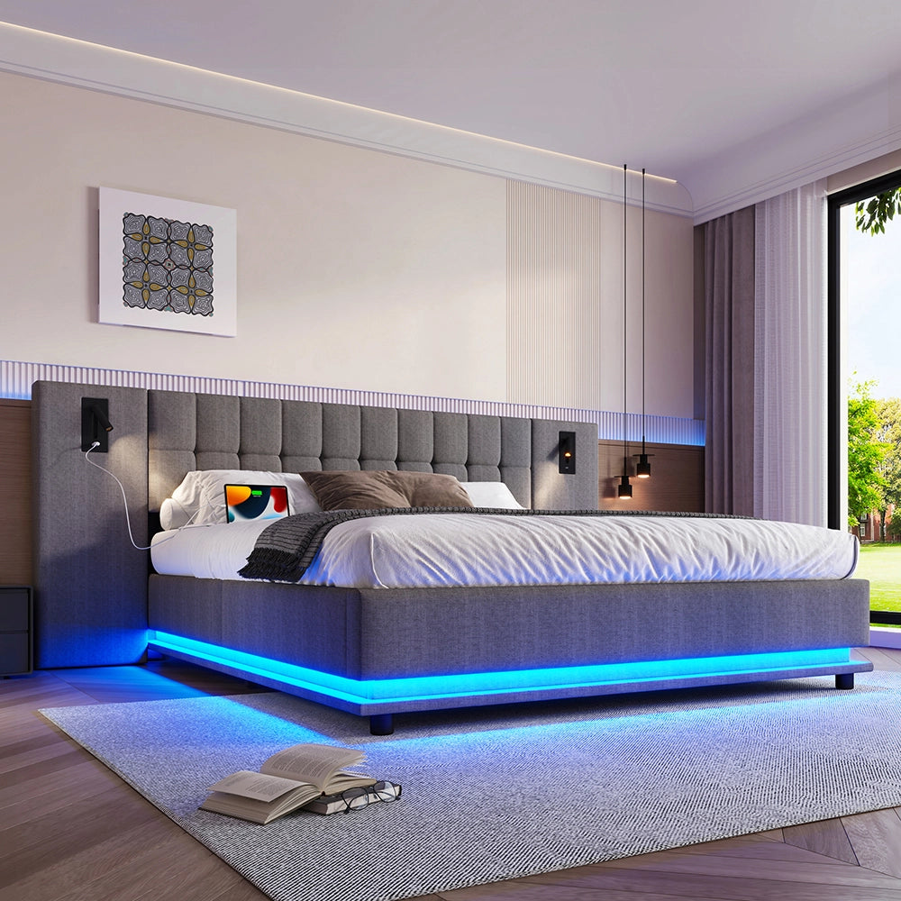 Letto-Xylo-180x200 cm-LED, spot, USB, lino grigio