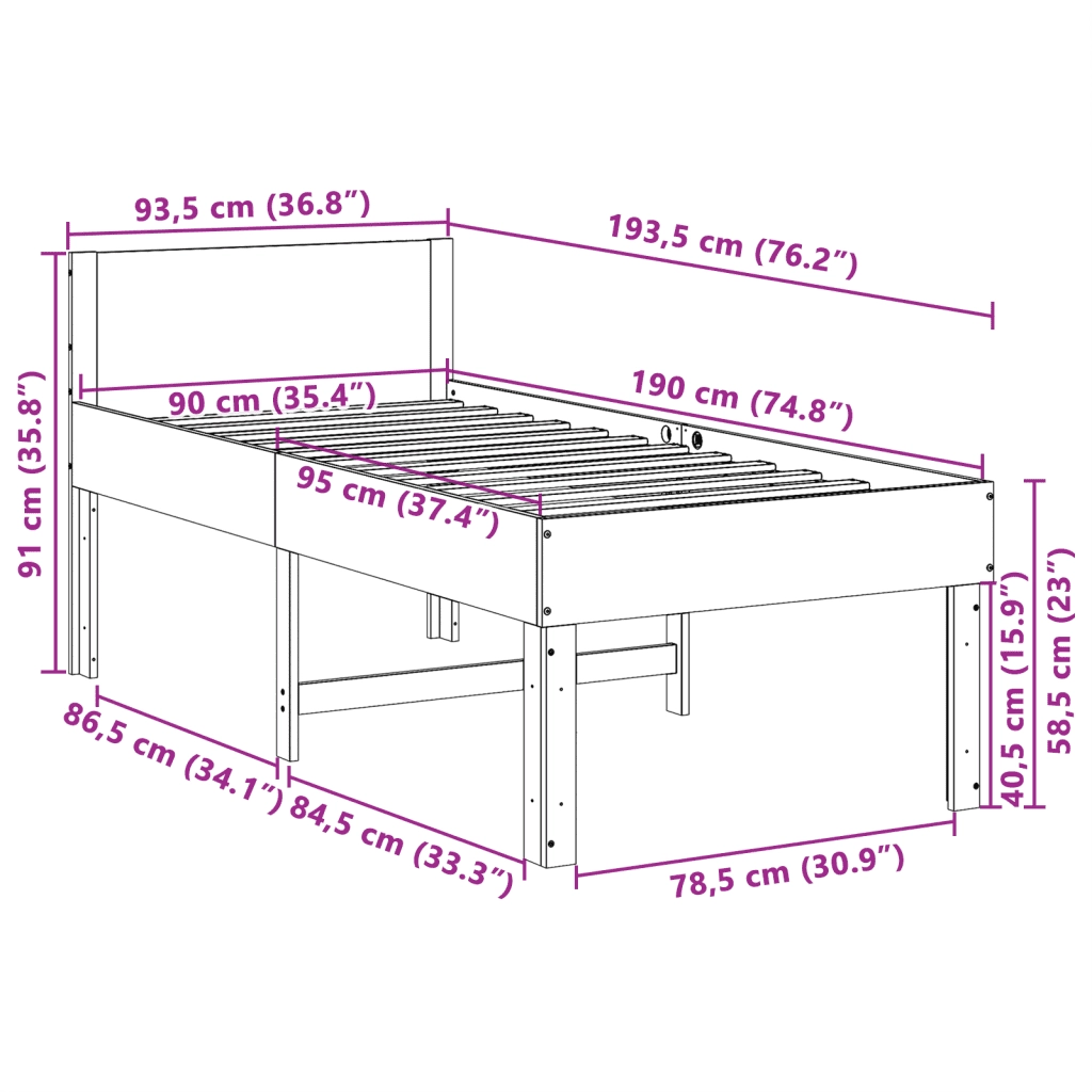 Letto singolo | Letto per adulti | Letto senza Materasso Bianco 90x190 cm in Legno Massello Pino