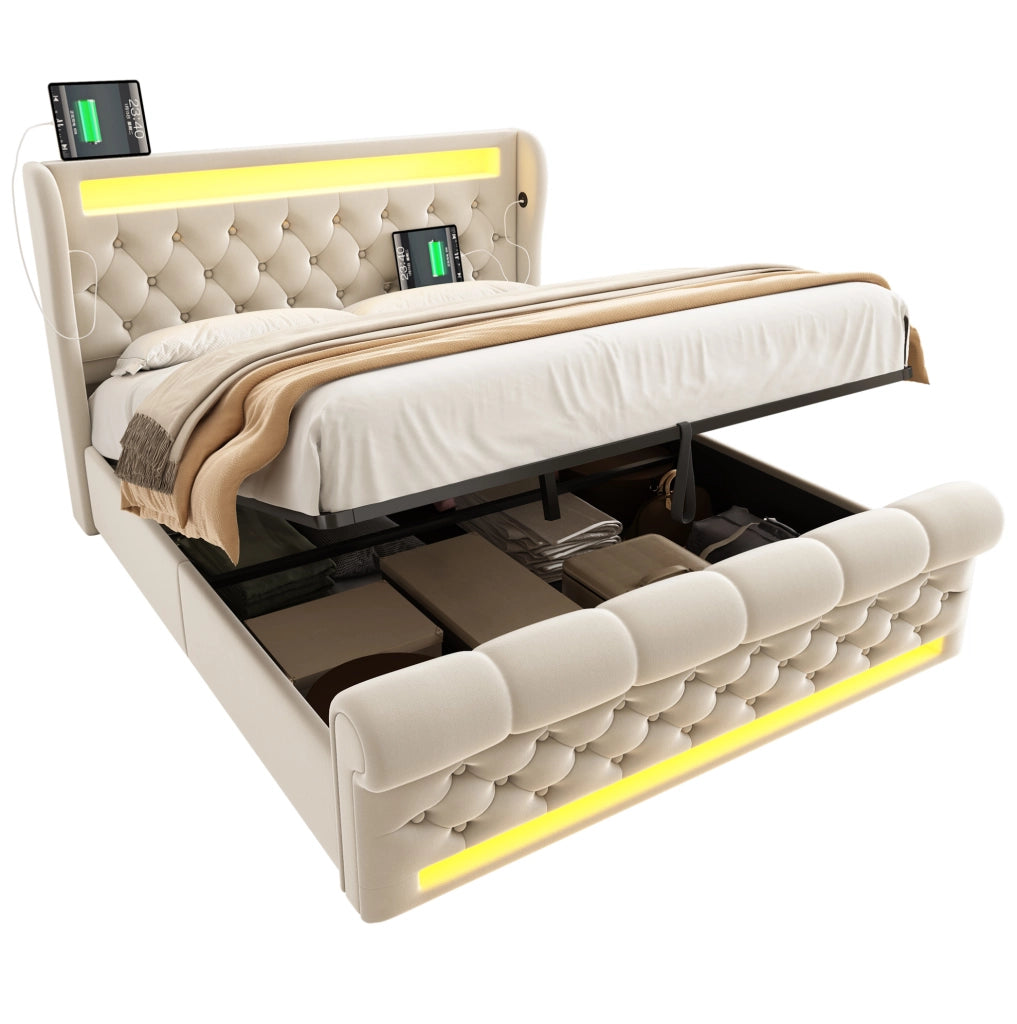 Letto imbottito con LED, ricarica USB e contenitore idraulico