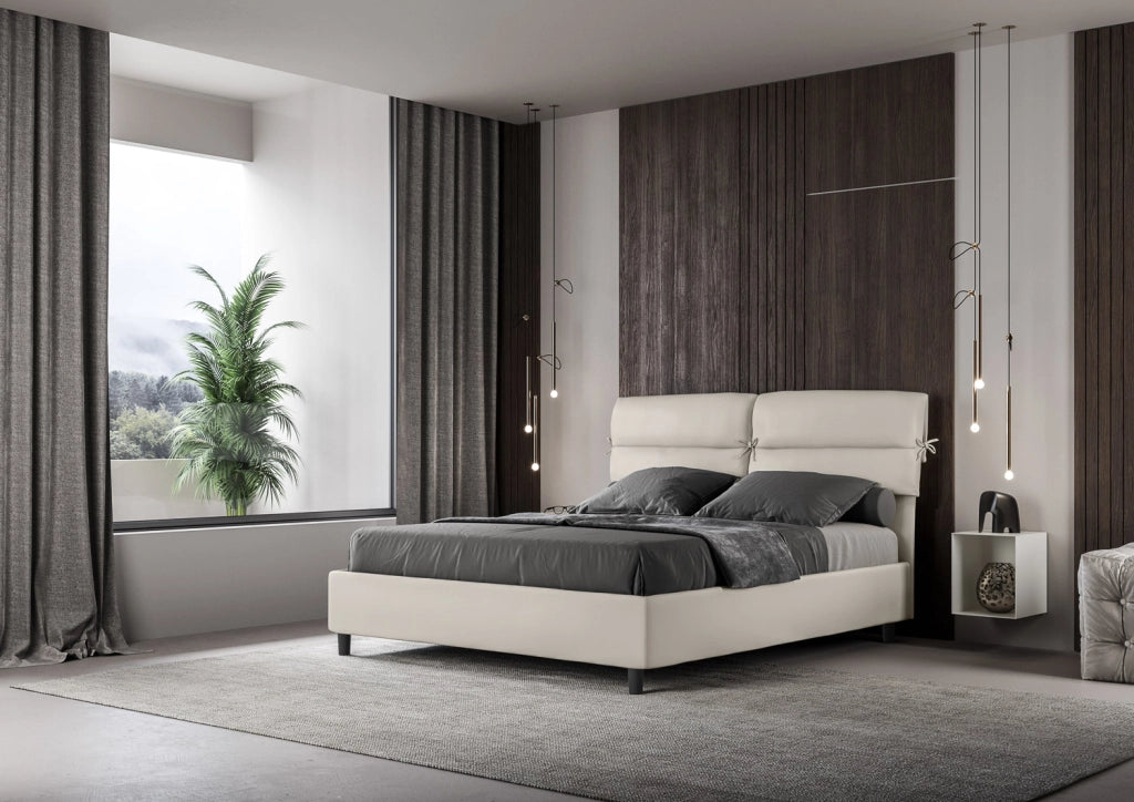 BS COM Letto matrimoniale con rete imbottito 160x210 similpelle bianco