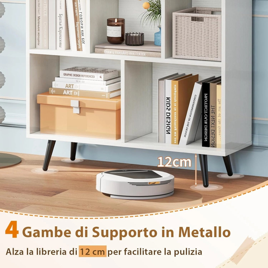 Libreria a 7 Cubi, Organizzatore di Stoccaggio Moderno con 4 Gambe di Metallo, Scaffale per Esposizione con 2 Kit Anti-Ribaltamento per Soggiorno Studio Camera da Letto, Bianco (80x24x107cm)