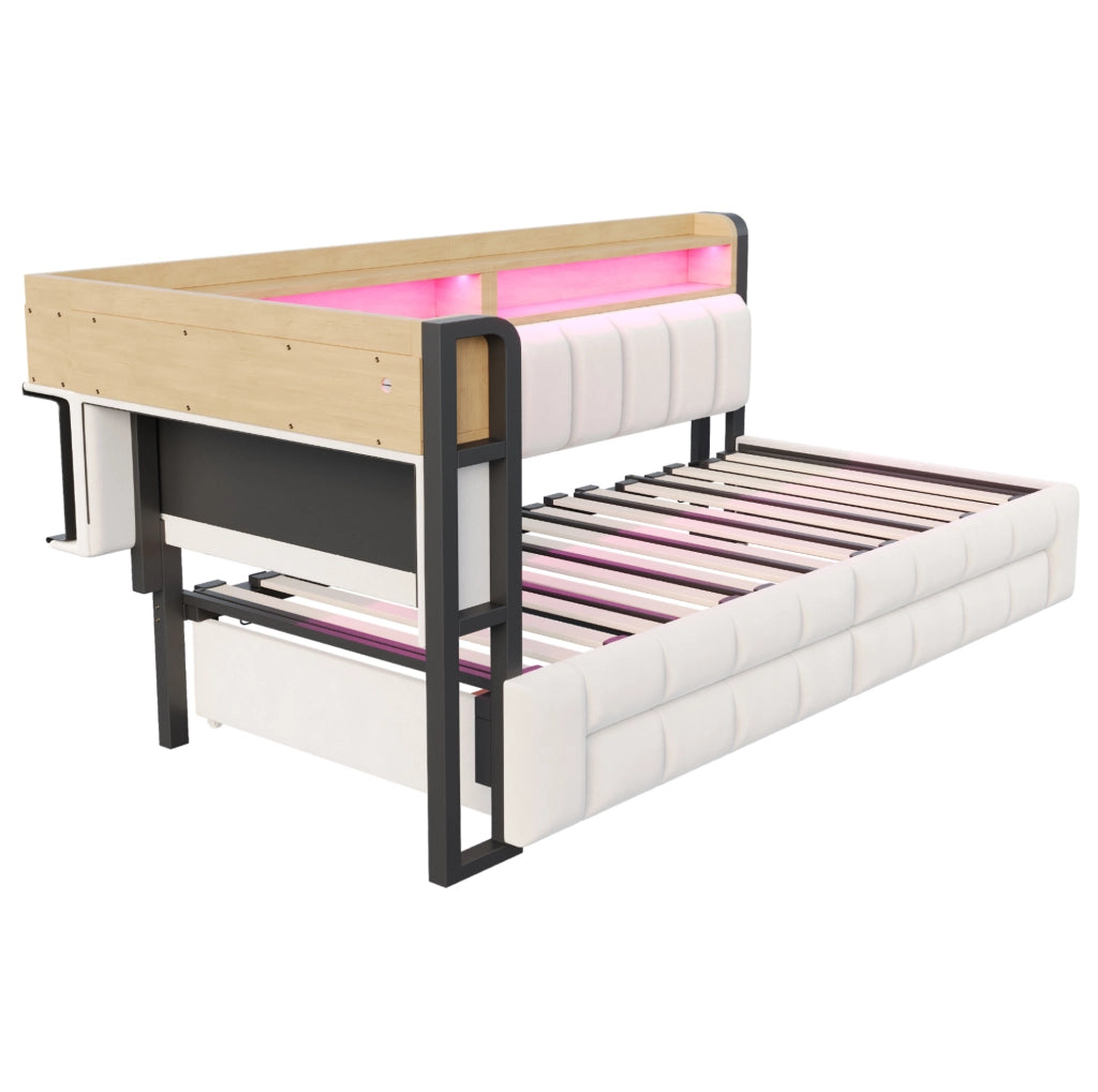 Divano letto imbottito 90/180x200 cm in velluto beige con LED; USB; Type-C e cassetti