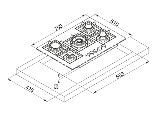 Piano cottura a gas da Incasso Plano 75 ELLECI PMSP75179CS 5 fuochi, 750x510 Granitek Nuvola 79