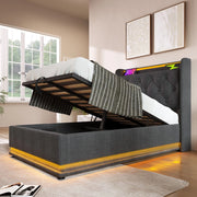 Letto Singolo Imbottito con LED e Contenitore Idraulico ¨C MINIMAL ¨C Grigio, 90x200 cm