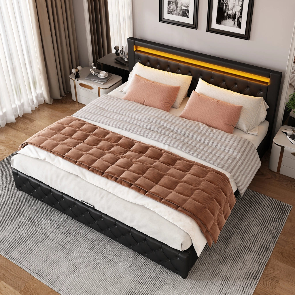 Letto imbottito 160x200 cm con rete a doghe, contenitore e LED, nero, PU