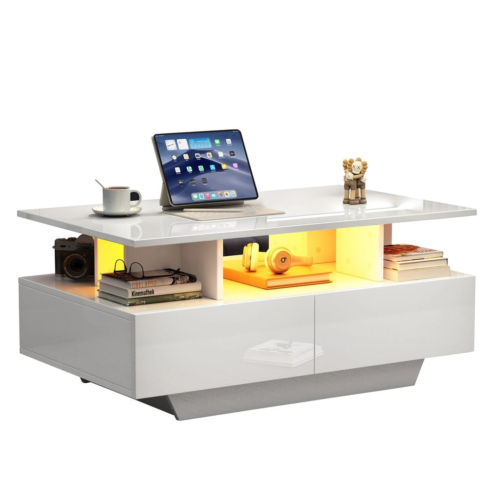 Tavolino da Caff¨¨ con LED e 2 Cassetti ¨C MINIMAL ¨C Lucido Bianco 90x55x41