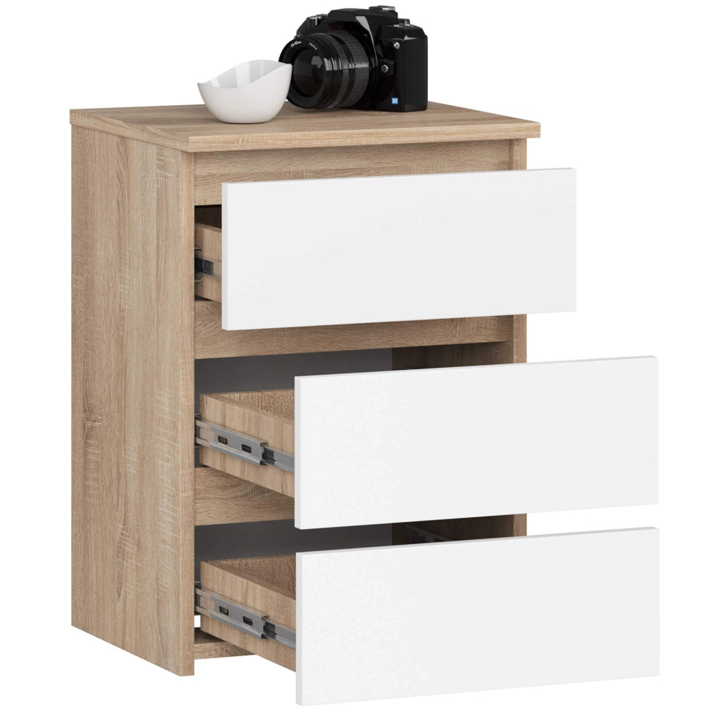 Comodino AKORD CL3 Sonoma Quercia 40 cm 3 cassetti inserto frontale Bianco 40x35x57 cm