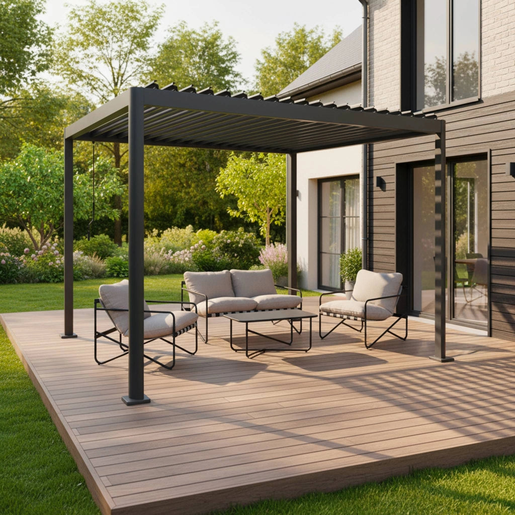 Pergola bioclimatica 3x3m in alluminio e acciaio, lamelle orientabili