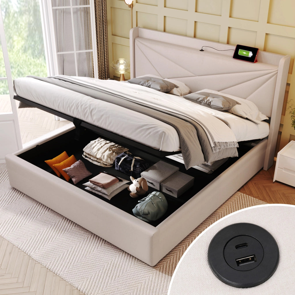 LETTO matrimoniale contenitore 180x200 cm beige in cotone lino con USB Type-C