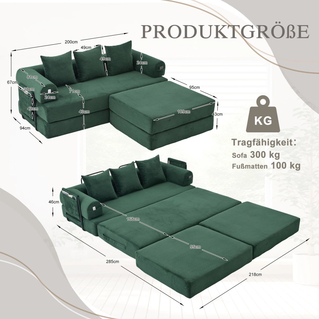 DIVANO Modulare 200x190x67 cm Corda Verde Smeraldo con pouf e 3 cuscini