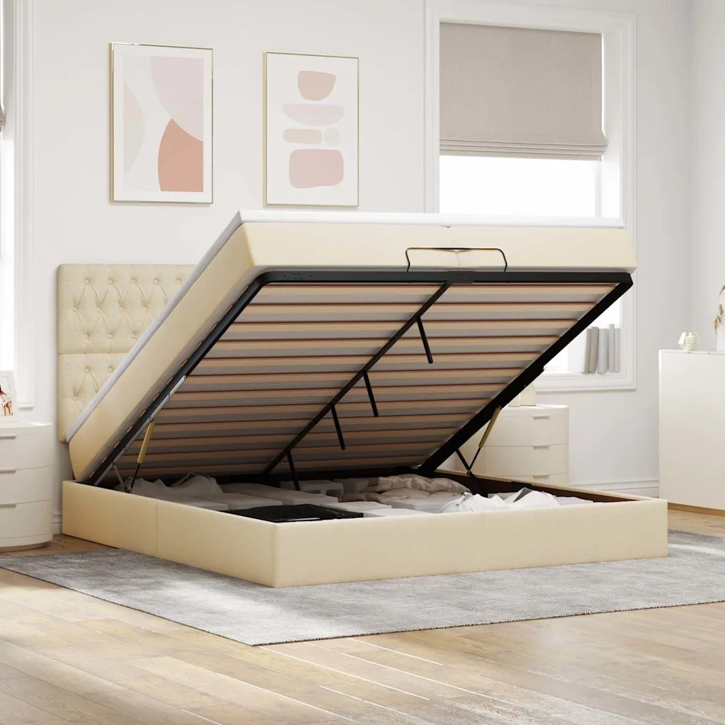 Struttura Letto Pouf con Materassi Crema 200x200 cm in Tessuto 3314119