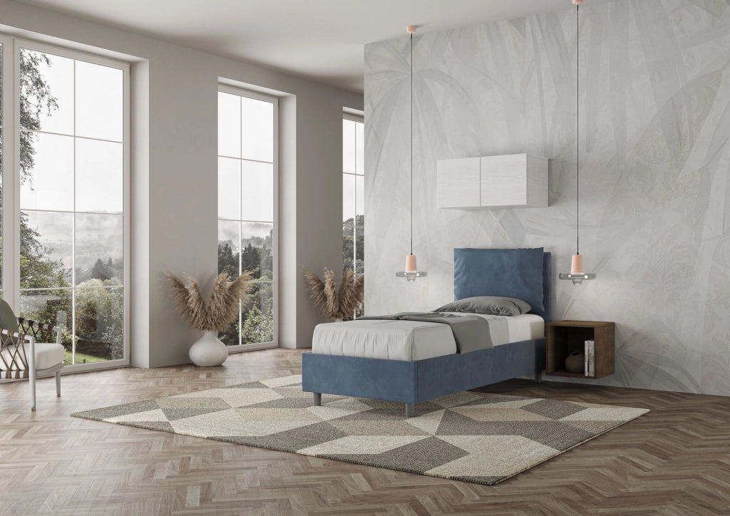 BS COM Letto singolo contenitore imbottito 80x210 microfibra blu