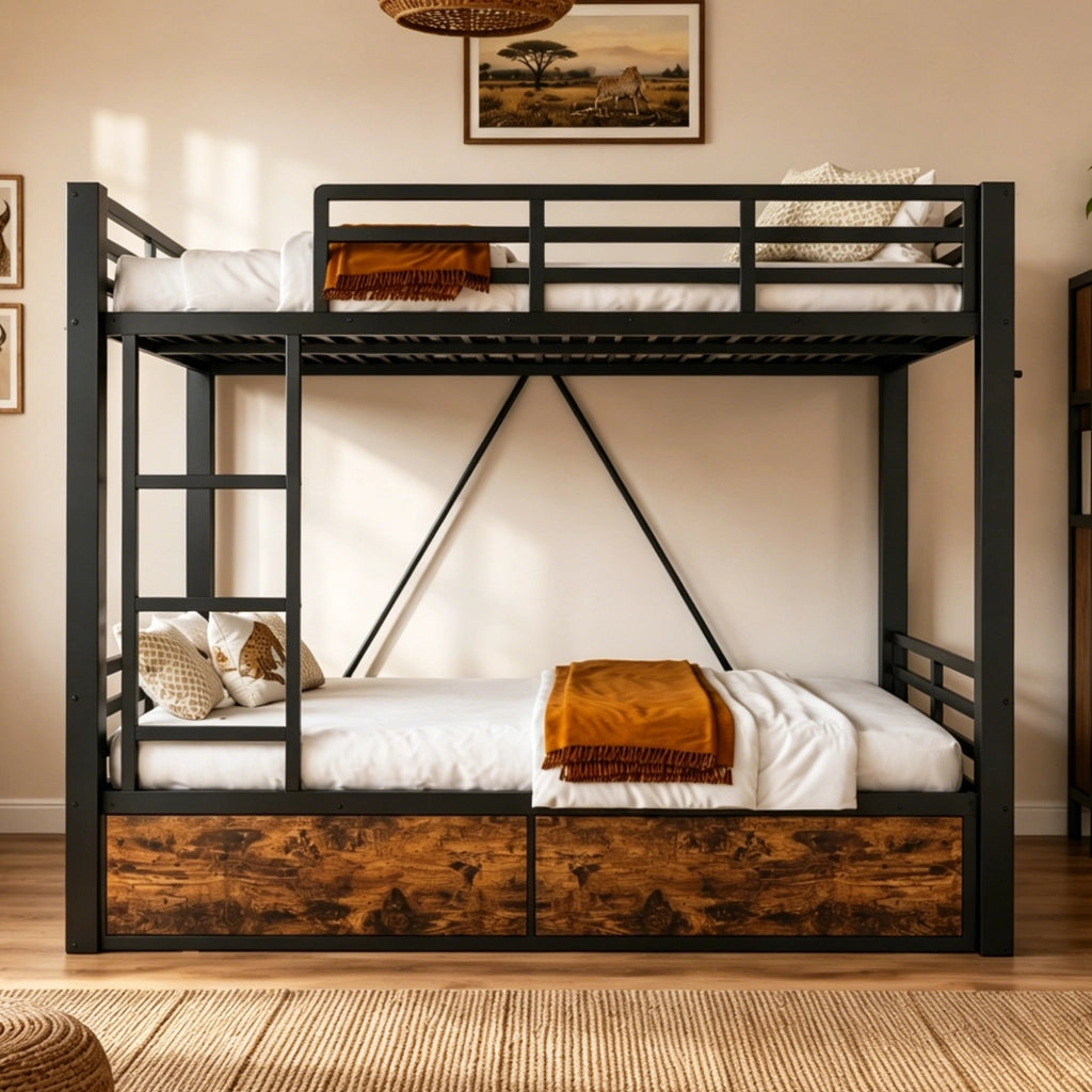 LETTO a castello 140x200 cm Nero in metallo e legno con cassetti