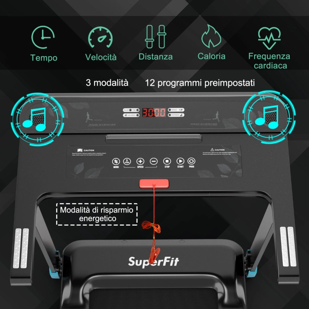 Tapis roulant pieghevole per casa con controllo APP, Tapis roulant compatto con schermo LED Nero e blu