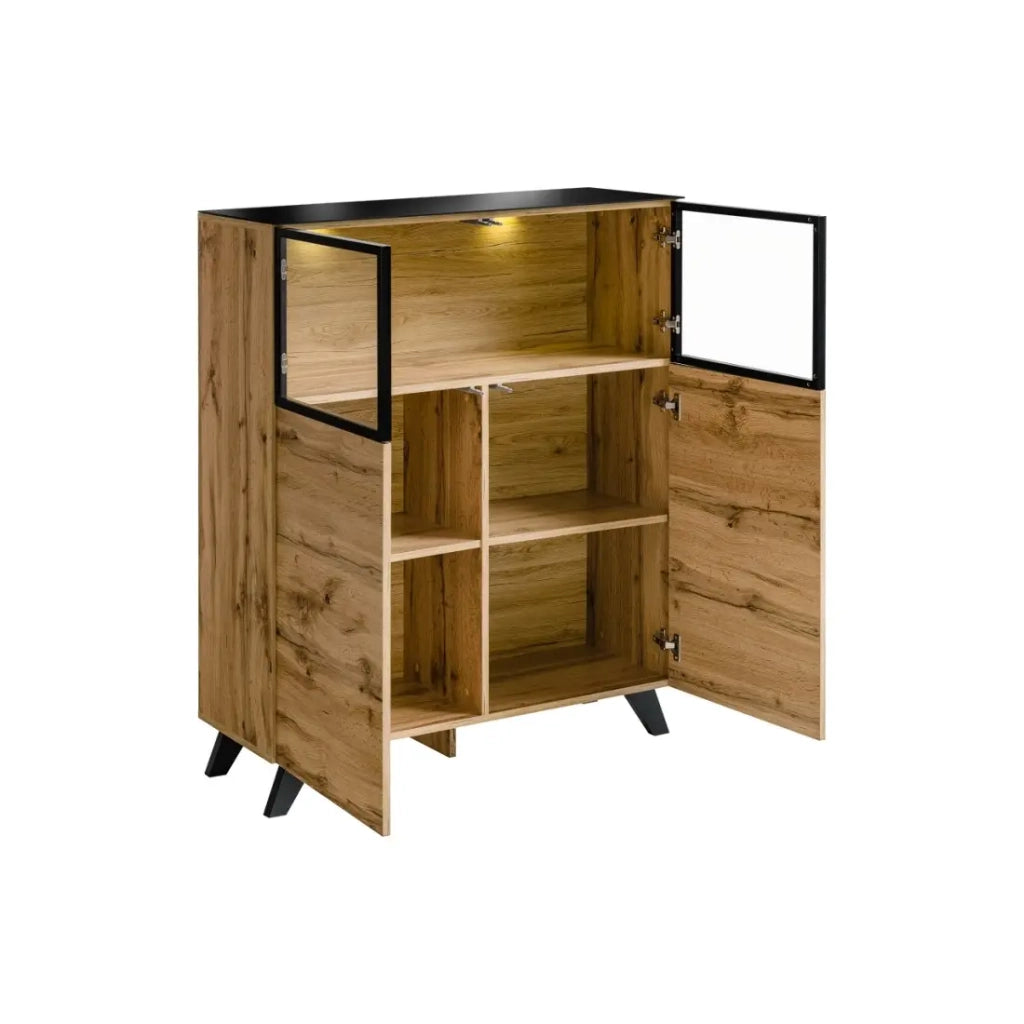 Set da salotto TINO con camino bio-etanolo - Rovere scuro e nero - L340 cm