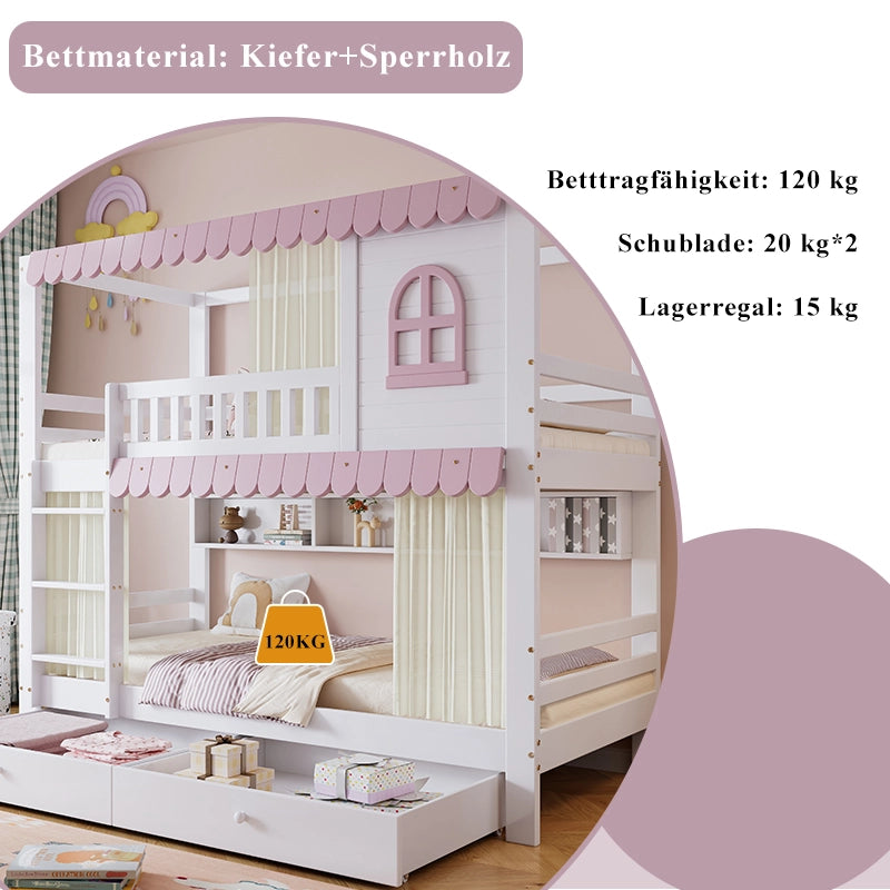 LETTO a castello 90x200 cm Bianco e Rosa con cassetti e ripiani